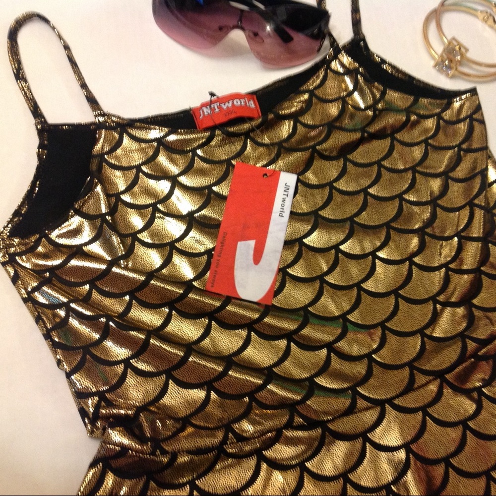 HALLOWEEN COSPLAY FUN Gold Metallic Mermaid Dragon Scale A line Flirty Dress NWT - Picture 7 of 8